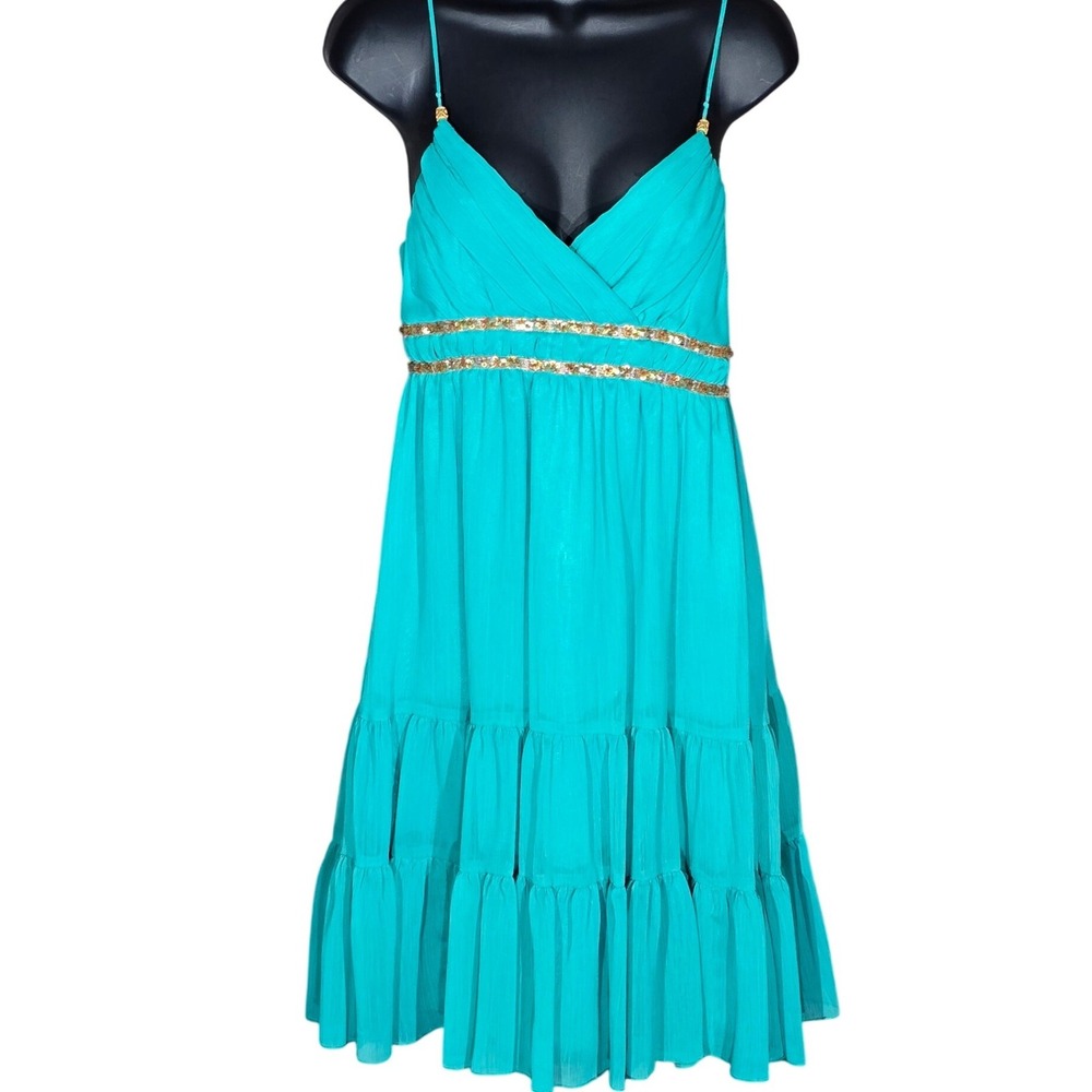 ABS Allen Schwartz Teal Tiered Silk Dress Gold Sequin Detail Size 6 Y2K Boho